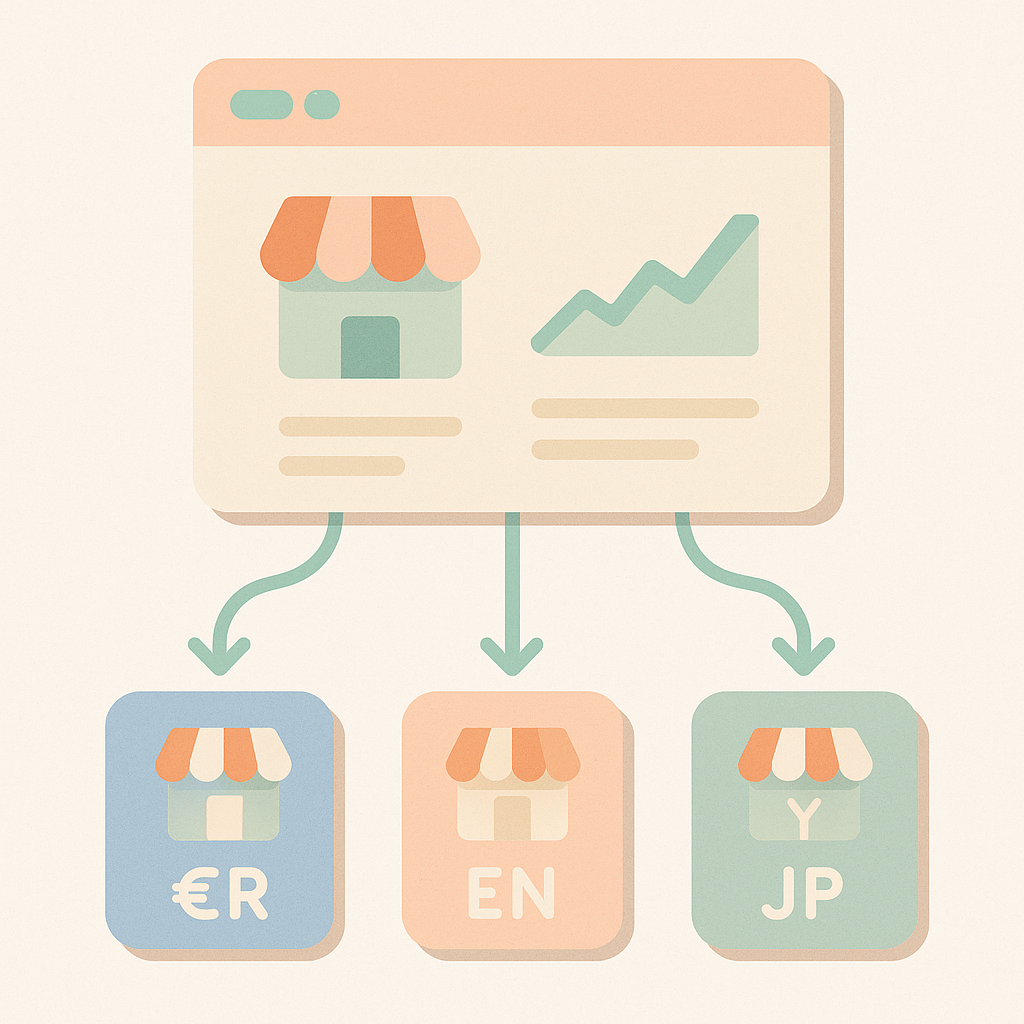 Concept diagram of one Shopify store switching currency and language across multiple markets
