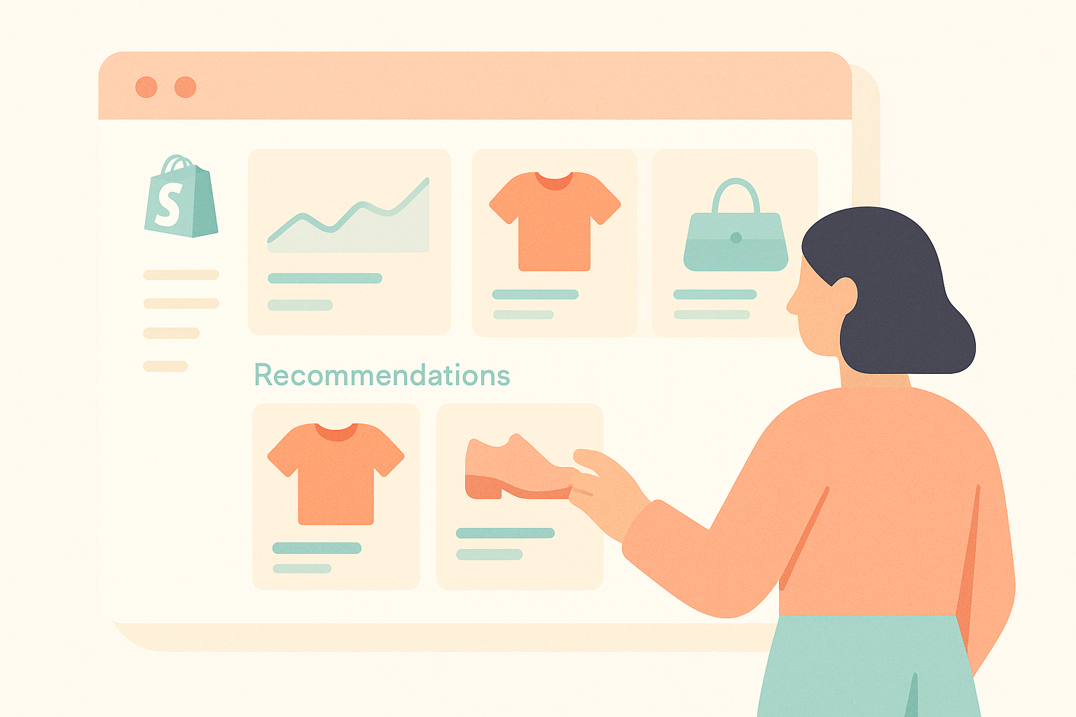 Shopify ストア運営者がダッシュボード上でアップセル用レコメンド設定を調整しているイメージイラスト