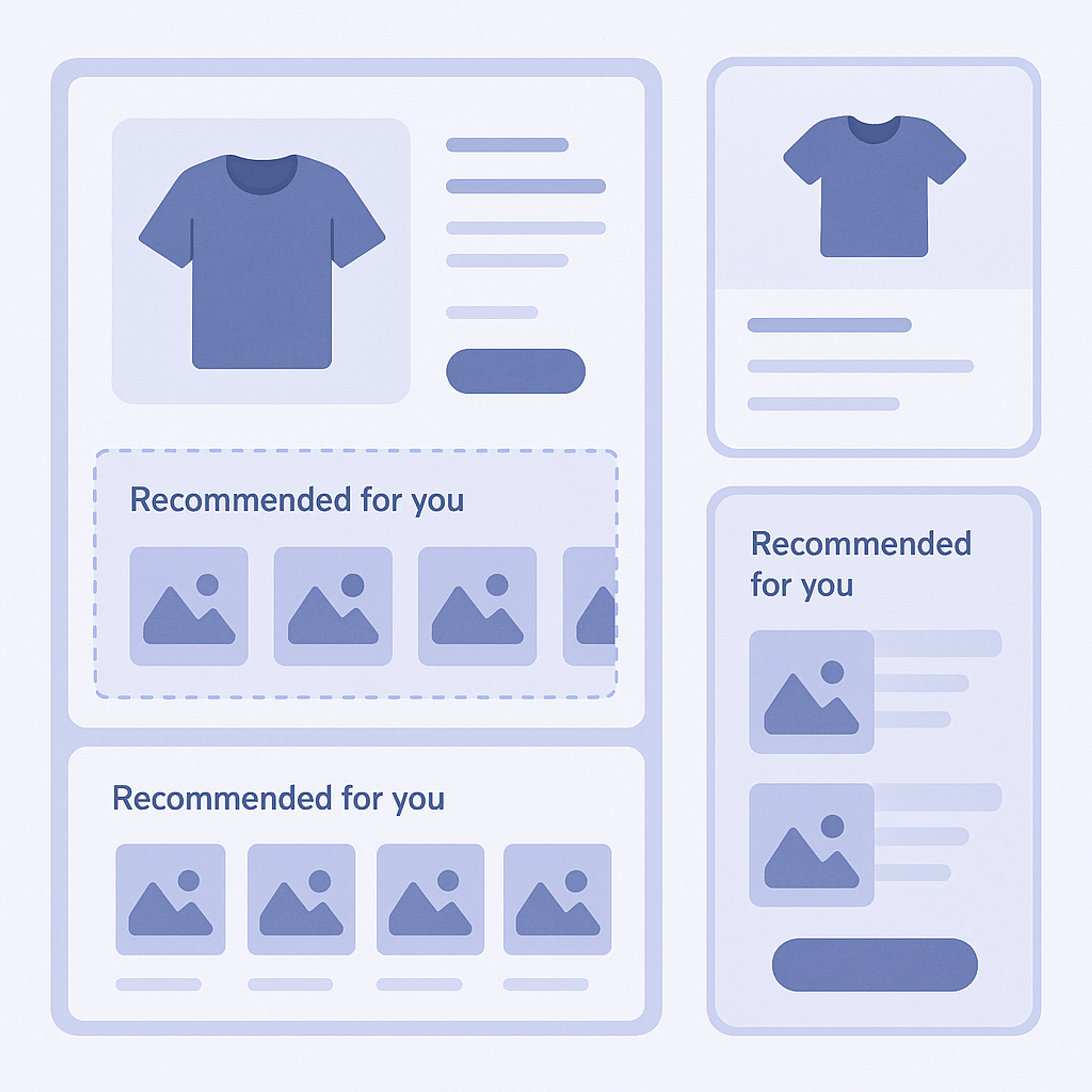 Diagram showing example locations for recommendation sections on a product page and cart page