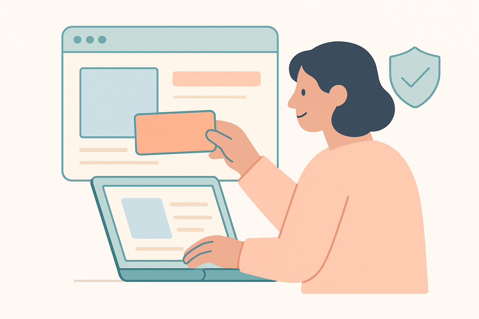 Illustration of a store manager adjusting the layout of an online store in the Shopify theme editor, fine‑tuning sections and banners before publishing changes