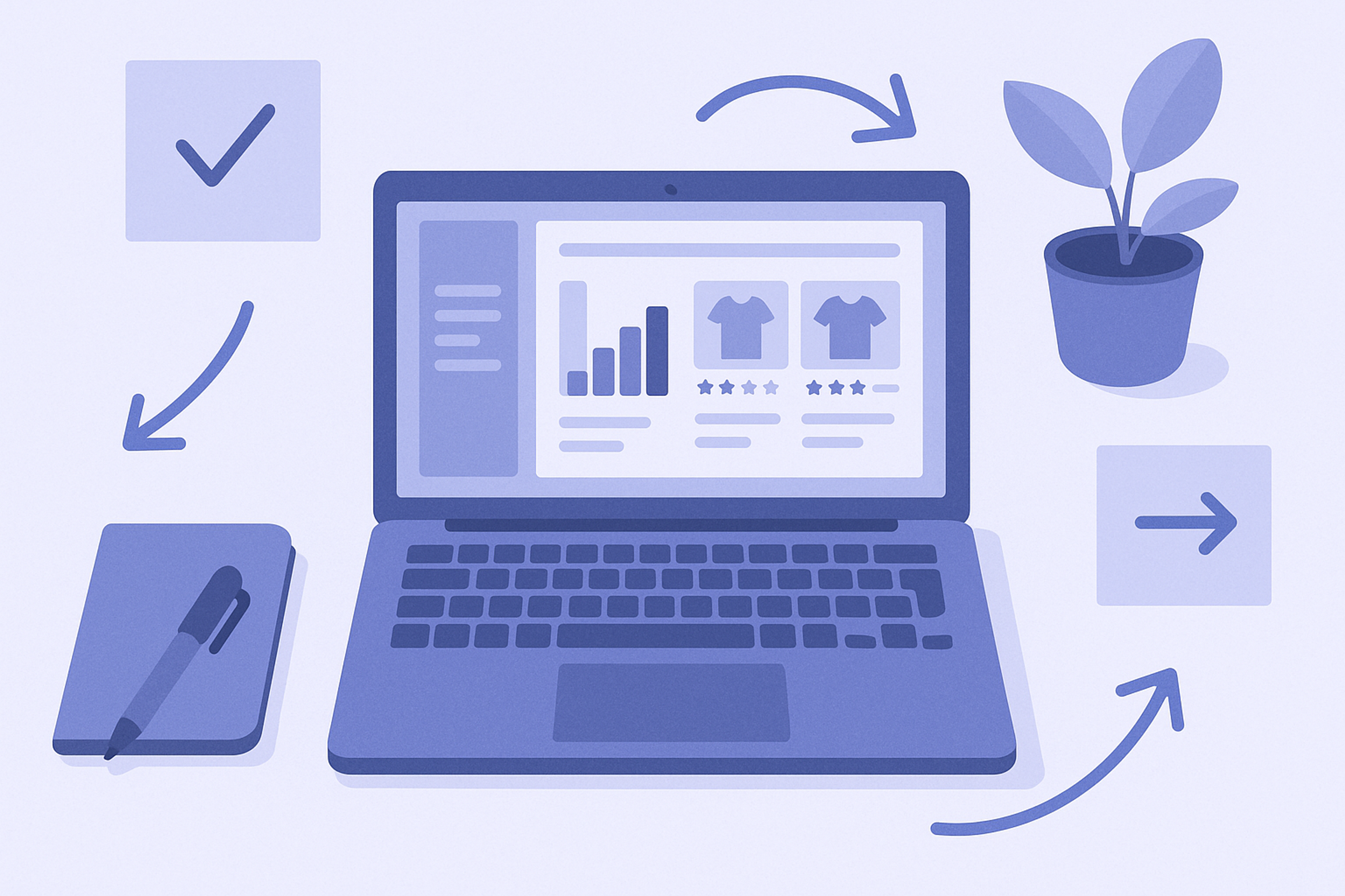 Concept illustration of a marketer reviewing a checklist that shows how product recommendations should be placed on PDP, cart, and thank‑you pages to increase average order value.