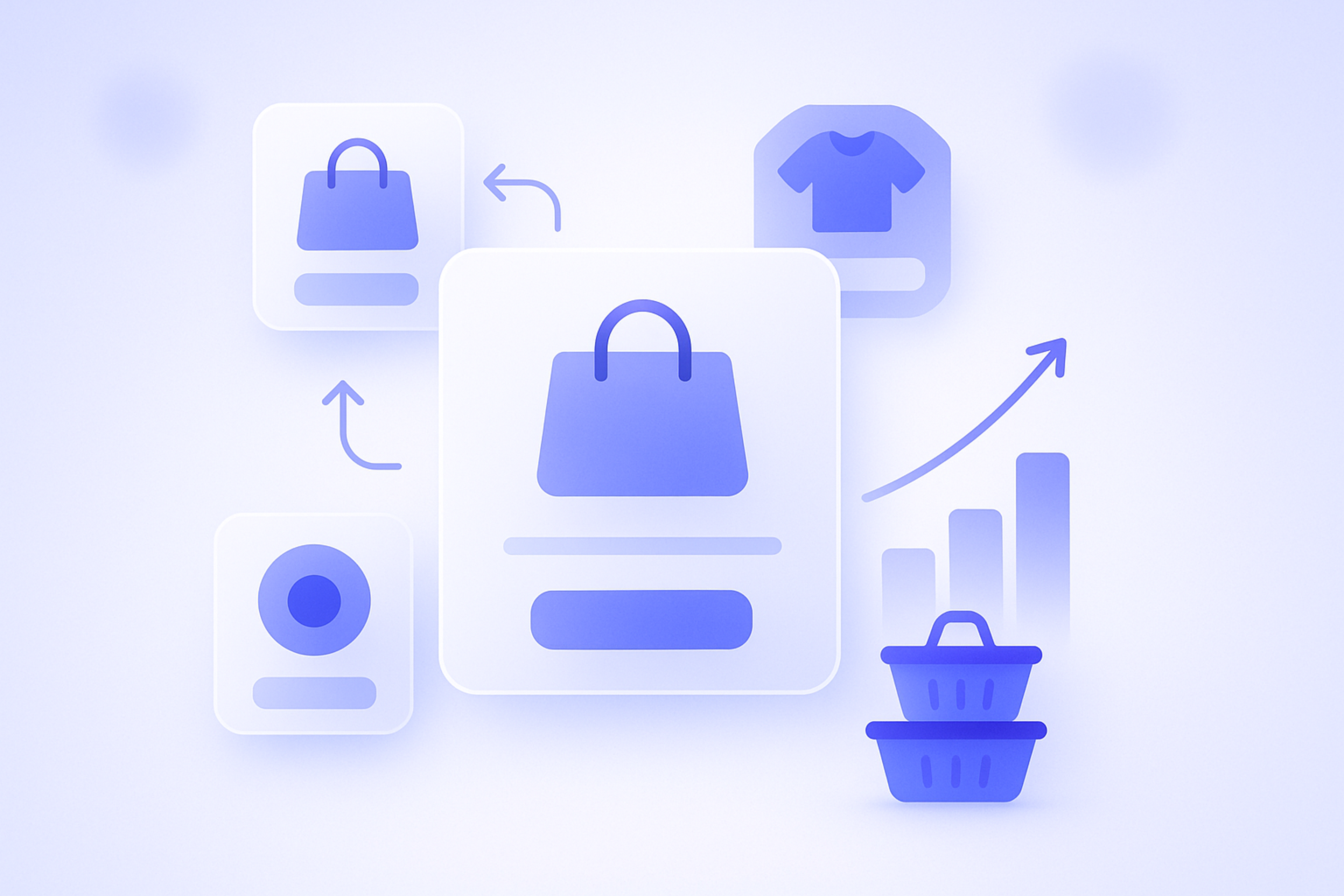 Illustration of an online product page surrounded by related items, showing how on-page recommendations can increase average order value in an ecommerce storefront.