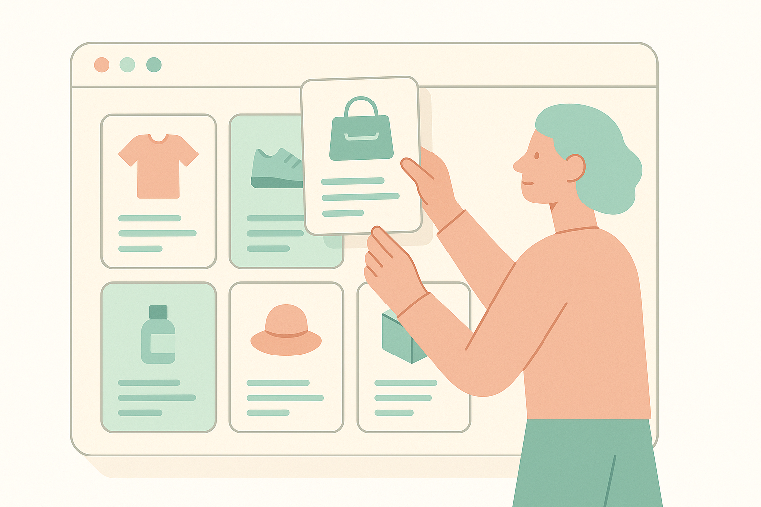 Shopifyストアの商品カードを並べ替えながらアップセルとクロスセルを設計しているイメージイラスト