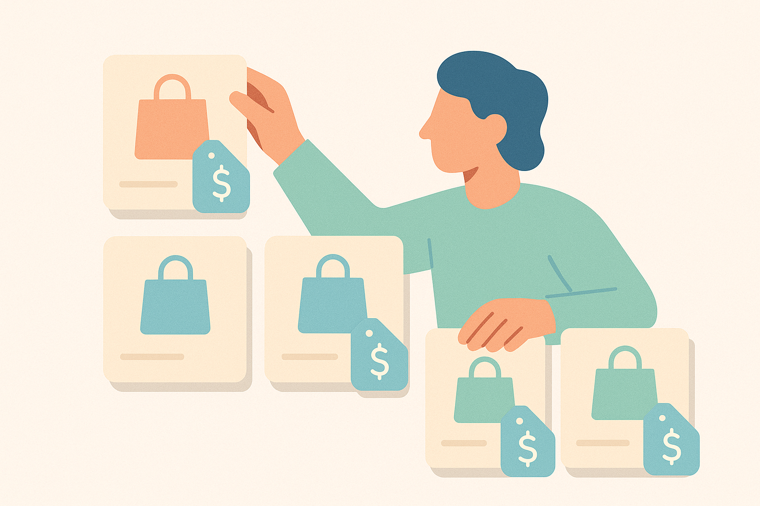 Shopify B2Bで商品カードと価格情報を整理してカタログを管理しているイメージイラスト