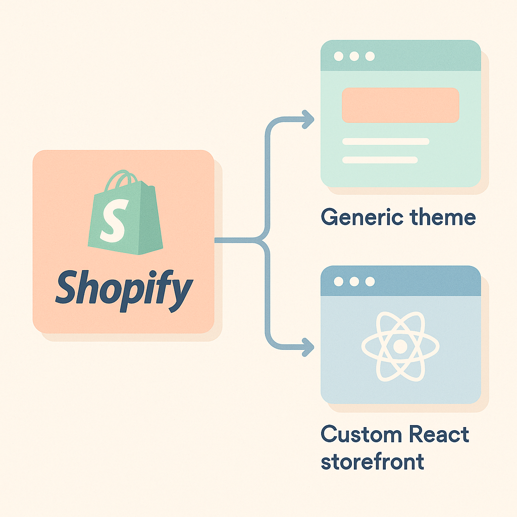 Diagram showing a common Shopify backend with either a standard theme front end or a custom headless storefront connected