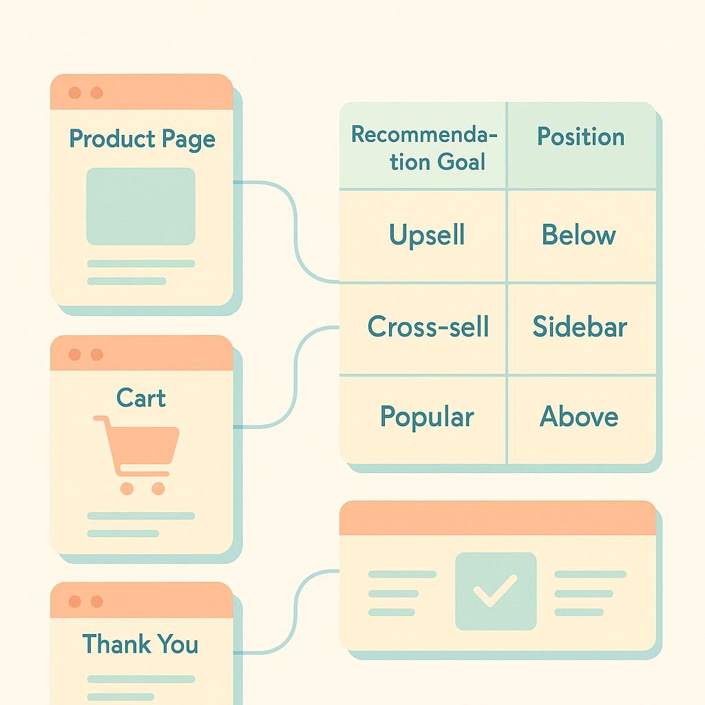 Diagram mapping recommendation objectives and placements for PDP, cart, and thank you pages