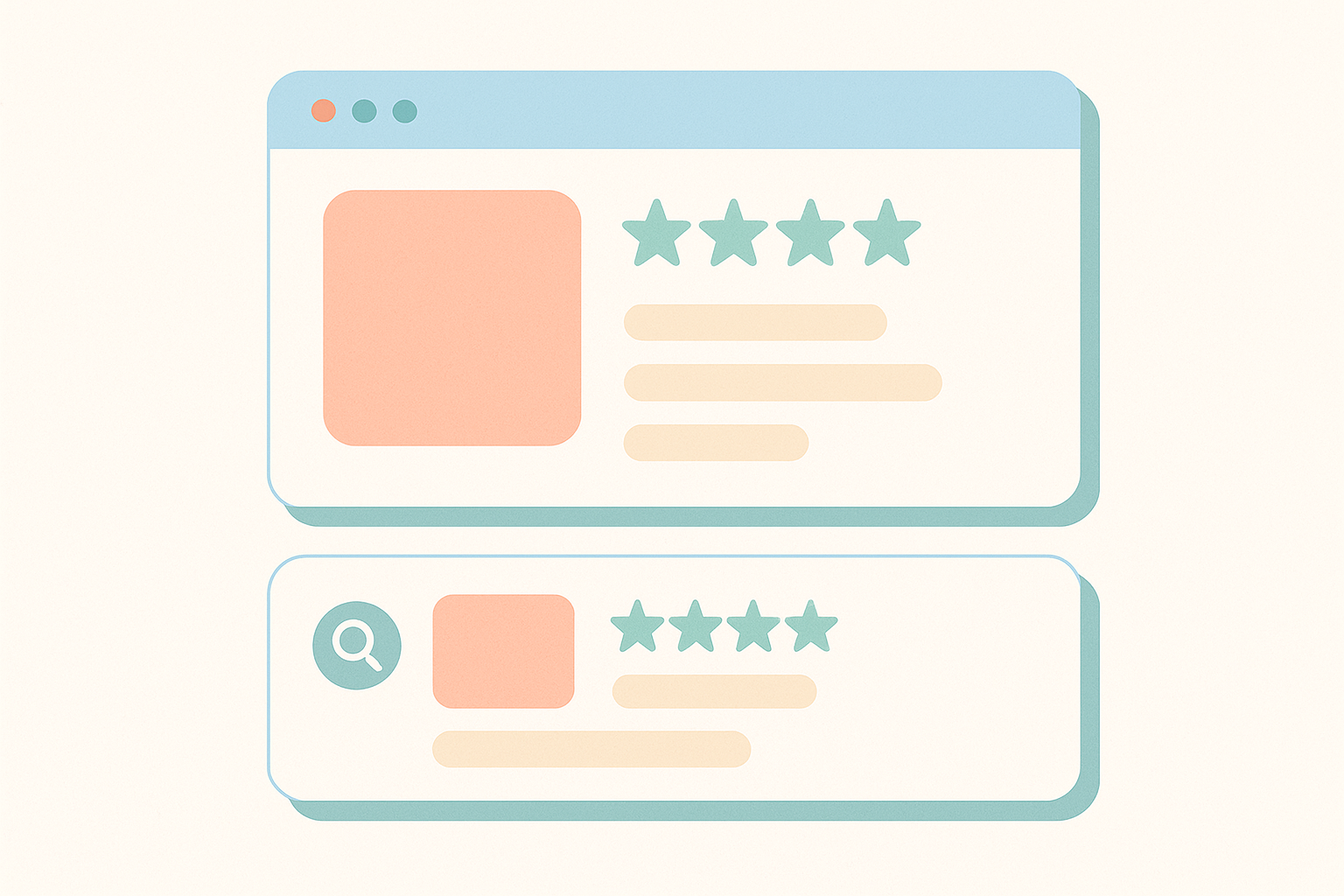 Shopifyの商品ページと検索結果に表示された星評価やレビューが並んでいるイメージイラスト