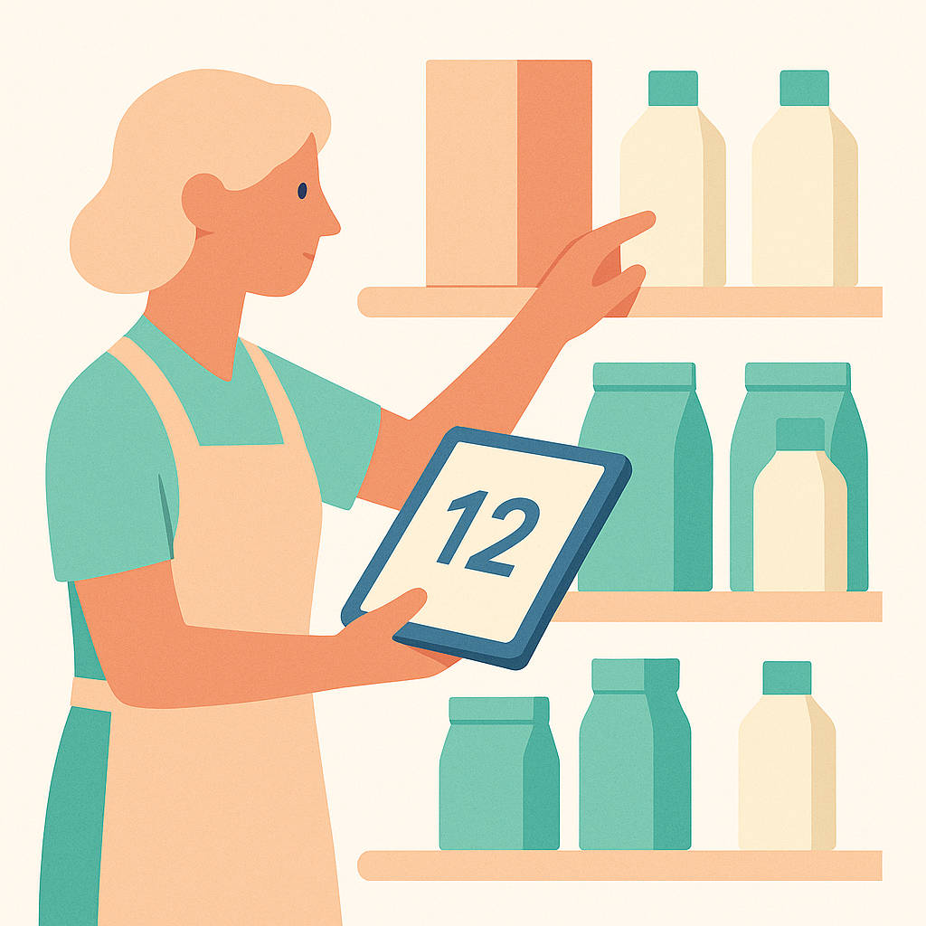 Store staff checking shelf inventory against a tablet screen that shows stock counts for each product.