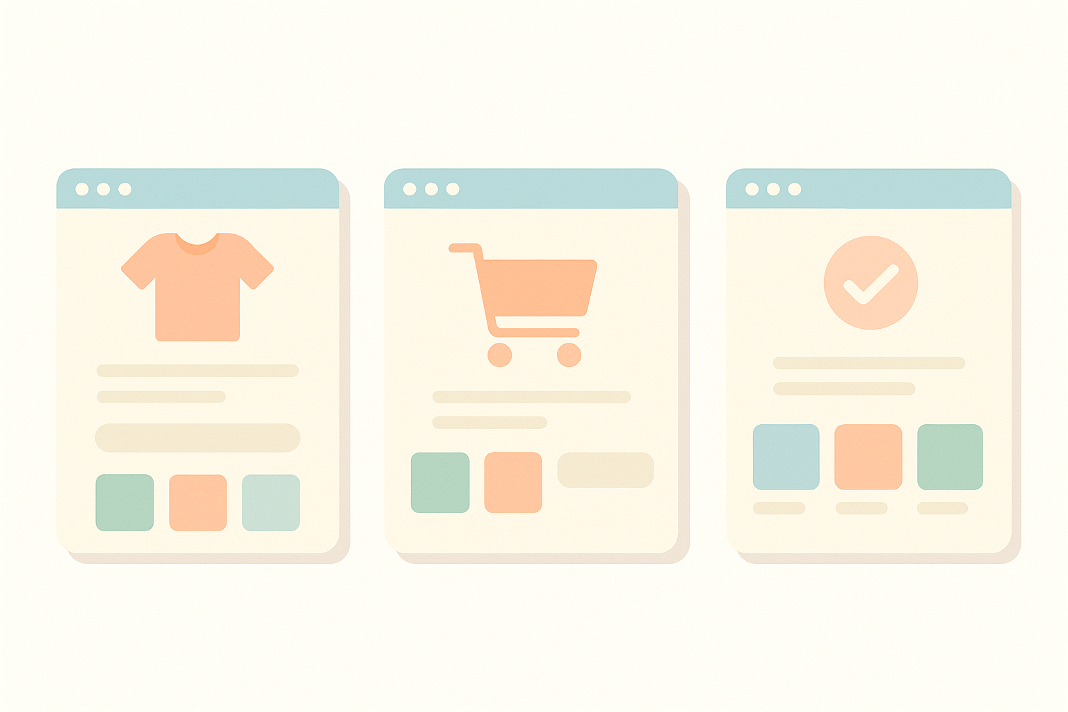 Illustrated Shopify storefront showing PDP, cart, and thank you pages, each with clearly highlighted recommendation sections placed in different areas of the layout