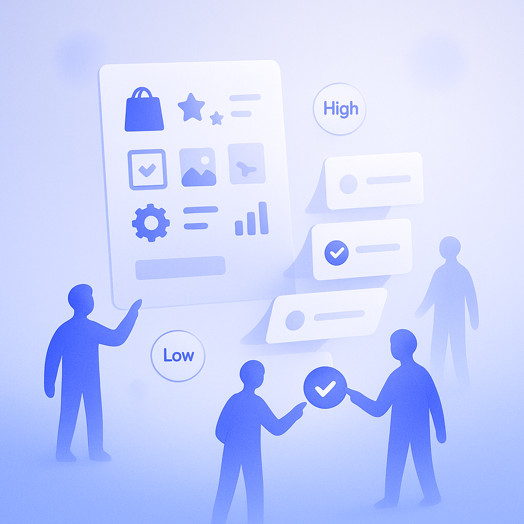 Illustration of a small team gathered around a shared spreadsheet, assigning priorities to Shopify Editions features.