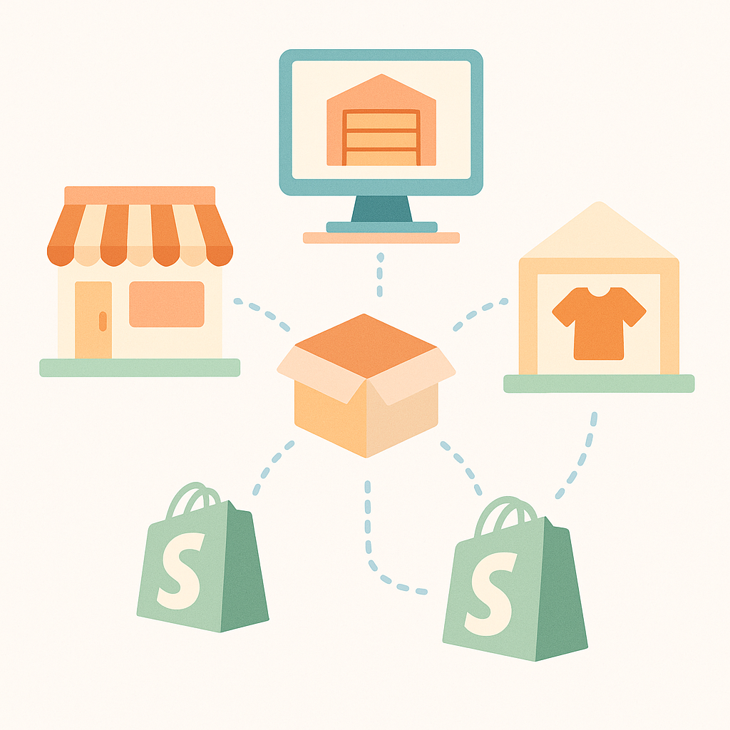 Diagram showing multiple Shopify locations such as stores, warehouses, and pop-up shops all connected and sharing inventory and sales data.
