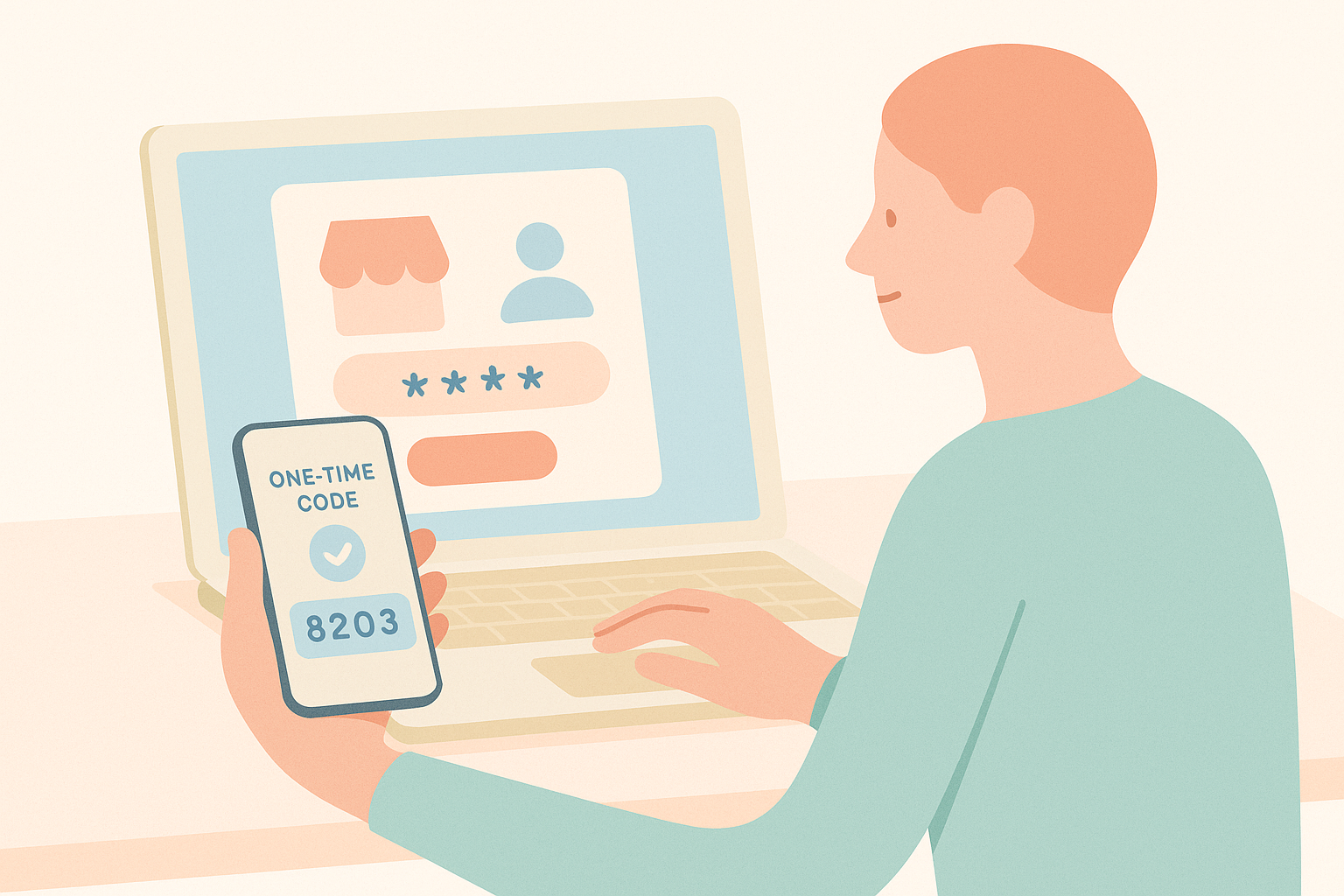 Shopify ストアで顧客がワンタイムコードを使ってスムーズにログインしている様子を表す抽象的なイラスト