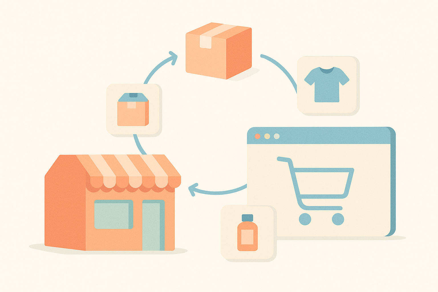 Illustration showing unified inventory management where a brick-and-mortar shop and an online store are connected and sharing the same stock information in real time.