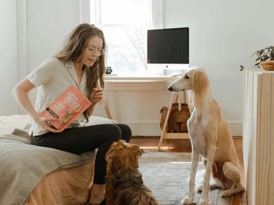 two dogs and woman in the room