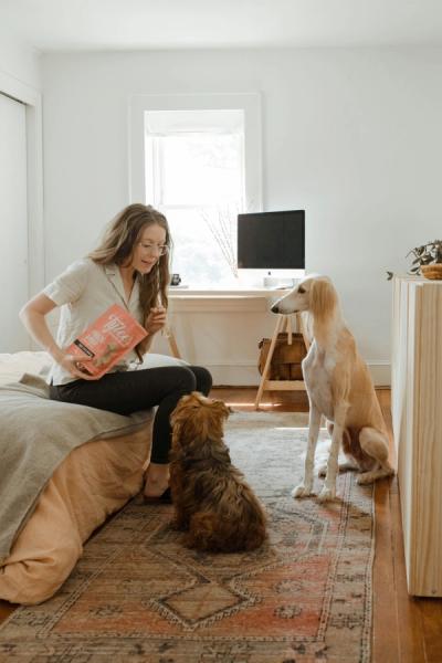 two dogs and woman in the room