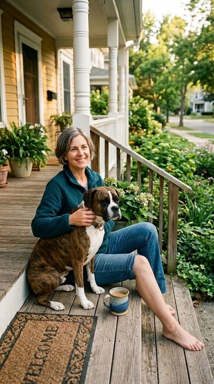a dog and a lady near the house