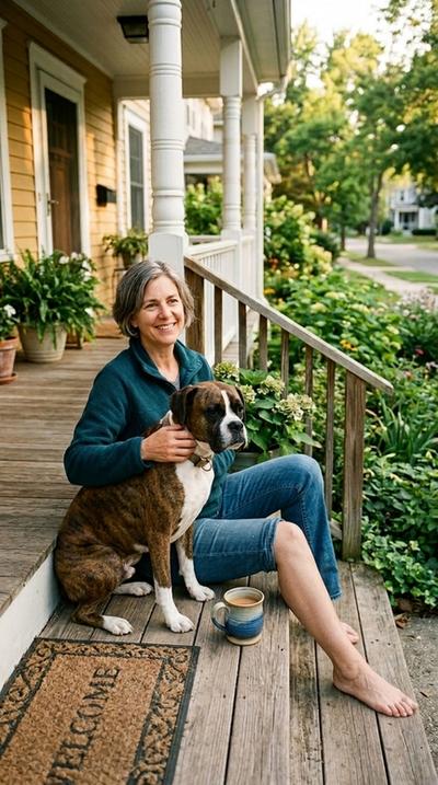 a dog and a lady near the house