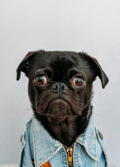 Toshi (black pug) wearing my pilot jacket
