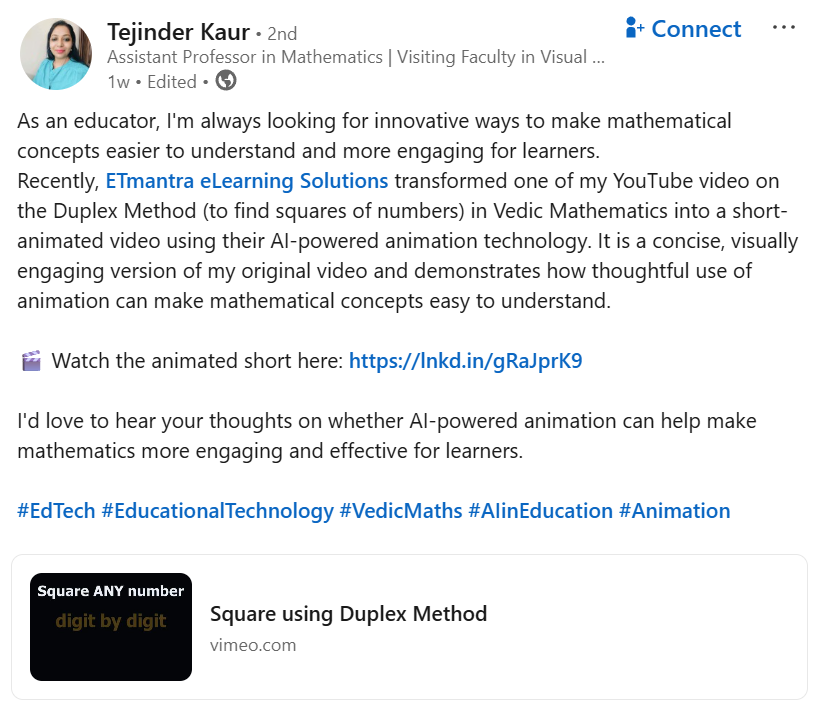 LinkedIn post by Tejinder Kaur: ETmantra transformed her YouTube video on the Duplex Method in Vedic Mathematics into a short animated video using AI-powered animation.