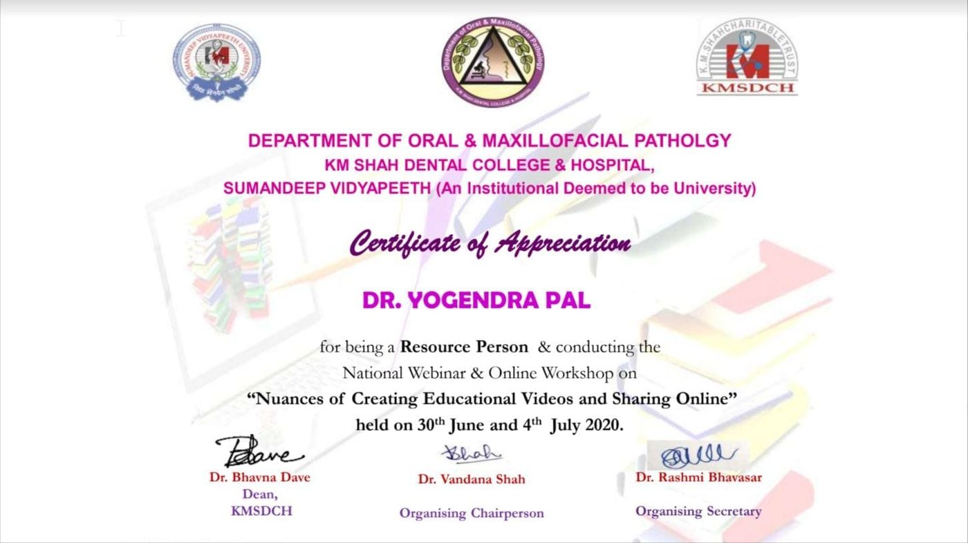 Certificate of Appreciation from KM Shah Dental College