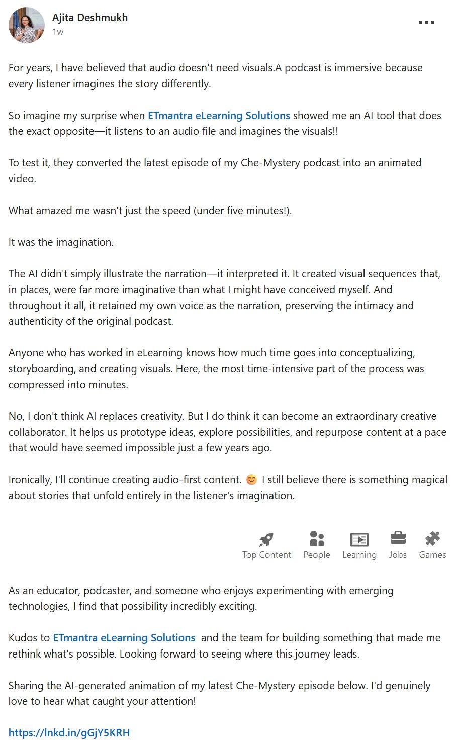 LinkedIn post by Ajita Deshmukh: ETmantra converted her Che-Mystery podcast episode into an animated video in under five minutes, keeping her own voice as narration.