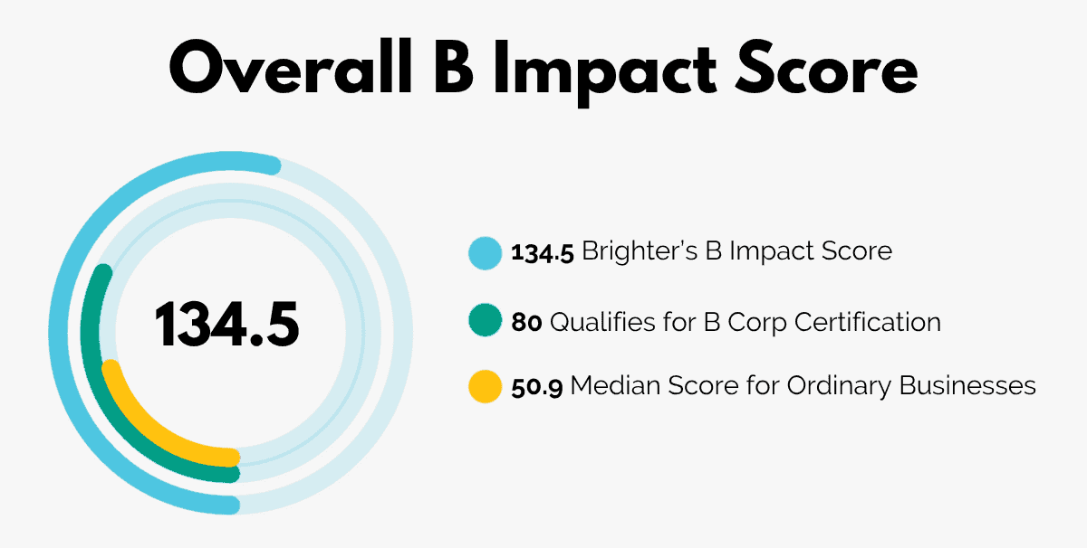 Based on the B Impact assessment, Brighter Investing earned an overall score of 134.5. The median score for ordinary businesses who complete the assessment is currently 50.9.