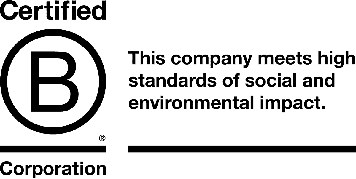 Certified B Corp Logo and text: This company meets high standards of social and environmental impact.