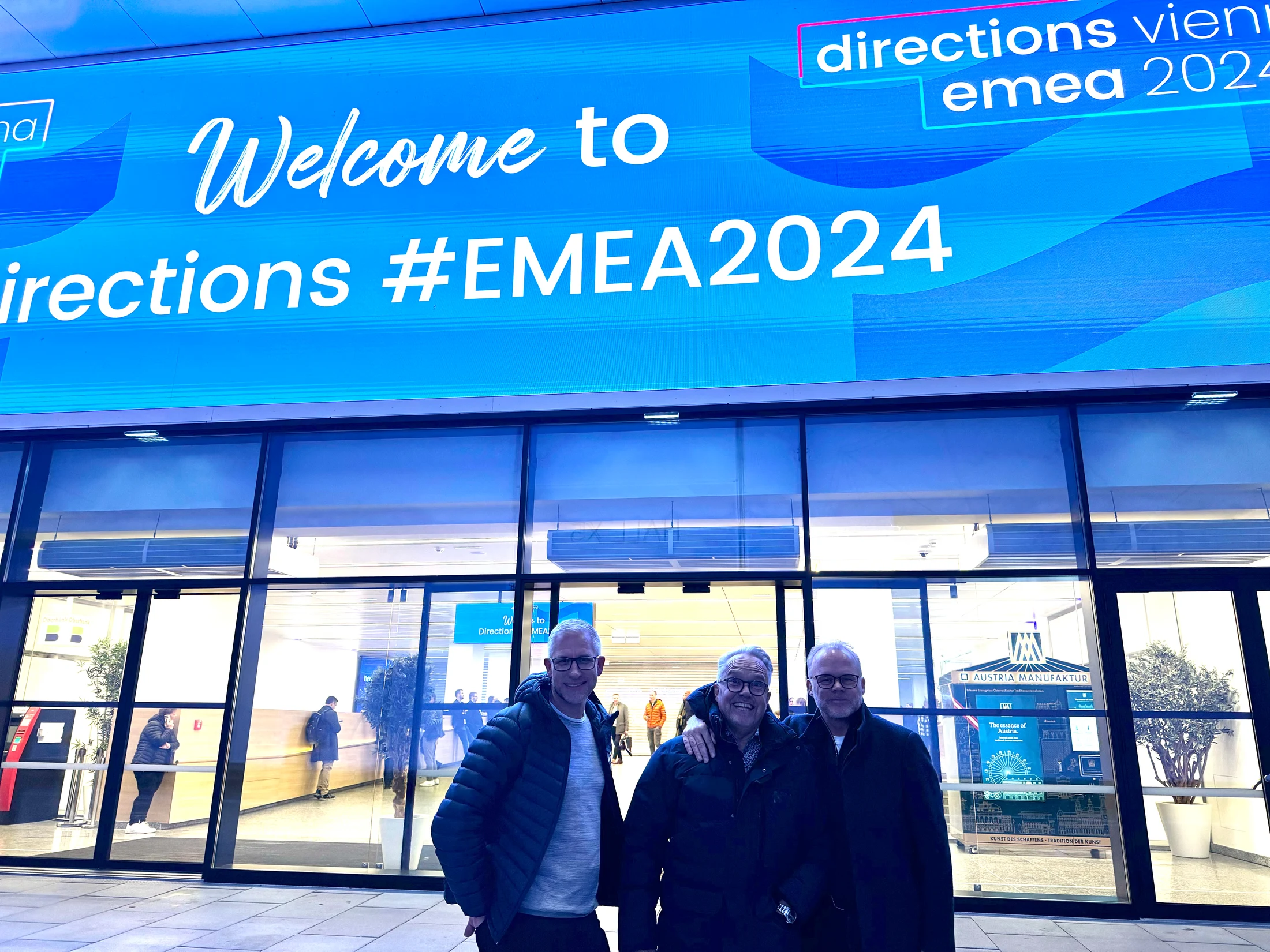 Rickard Alstråle, Mats Persson and Christian Jönsson in front of the entrance to EMEA.