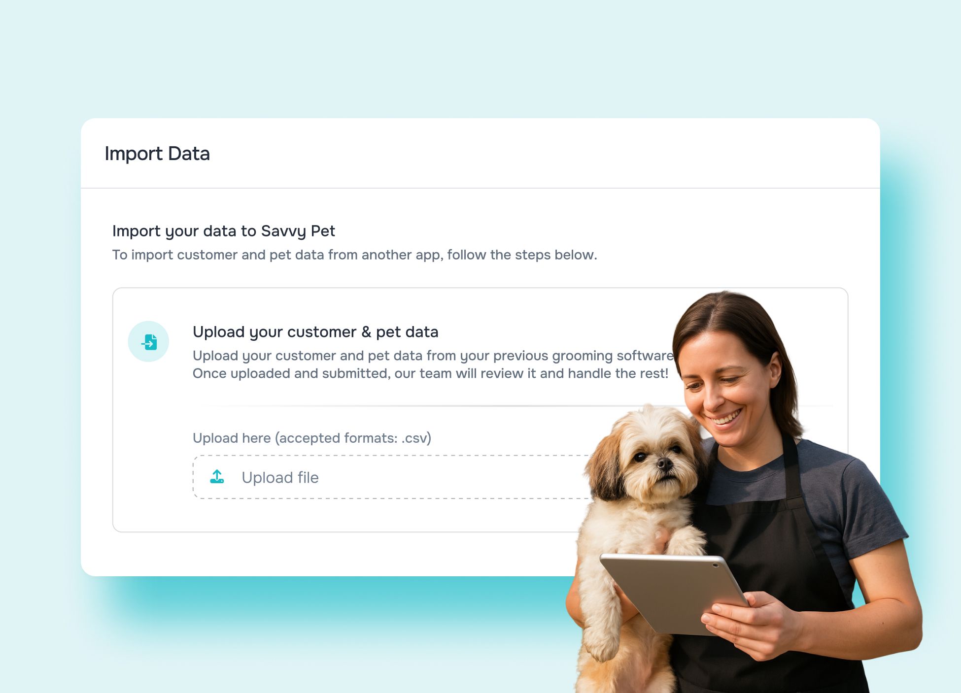 Import Data onboarding panel with curbside groomer photo
