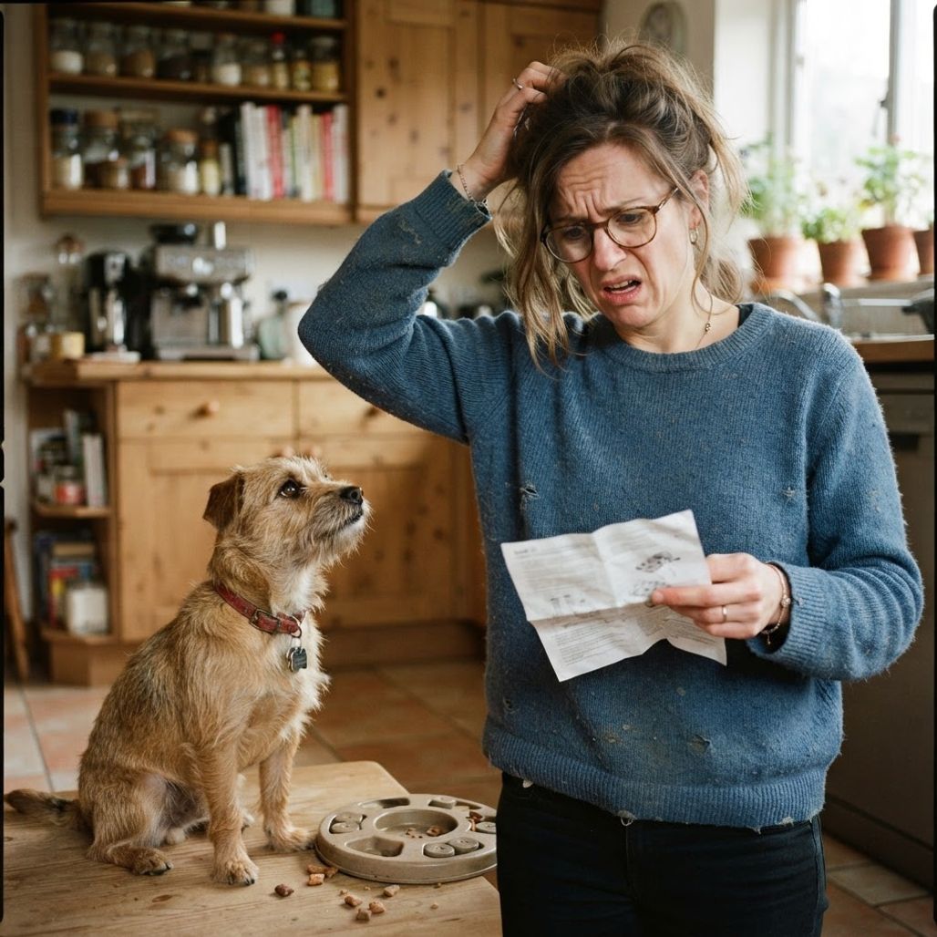 A groomer looking overwhelmed by paperwork with a dog beside her