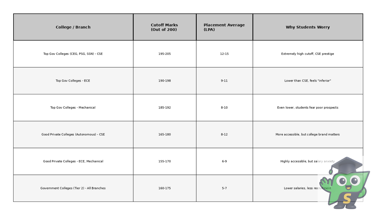 TNEA cutoff marks comparison across engineering branches showing how multiple colleges are accessible at different score ranges with real placement averages.