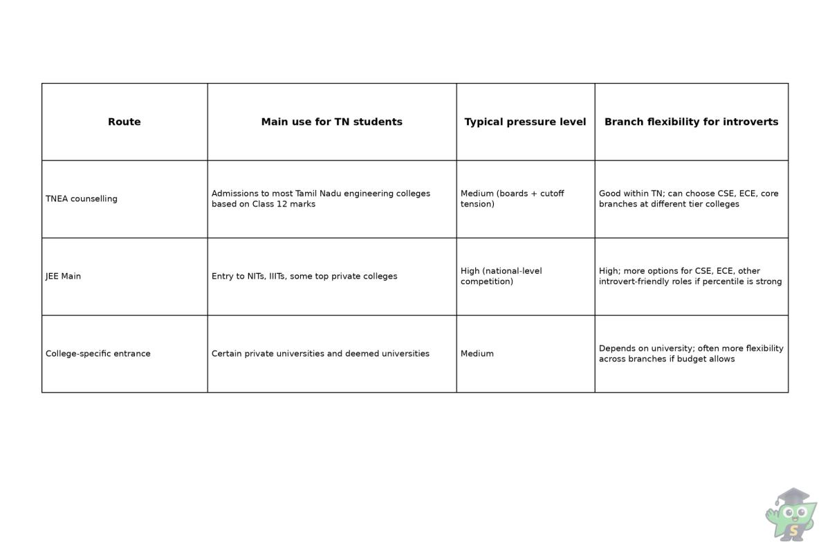 Black and white table showing how TNEA, JEE Main, and college-specific entrances differ in pressure level and branch flexibility for Tamil Nadu introvert students.