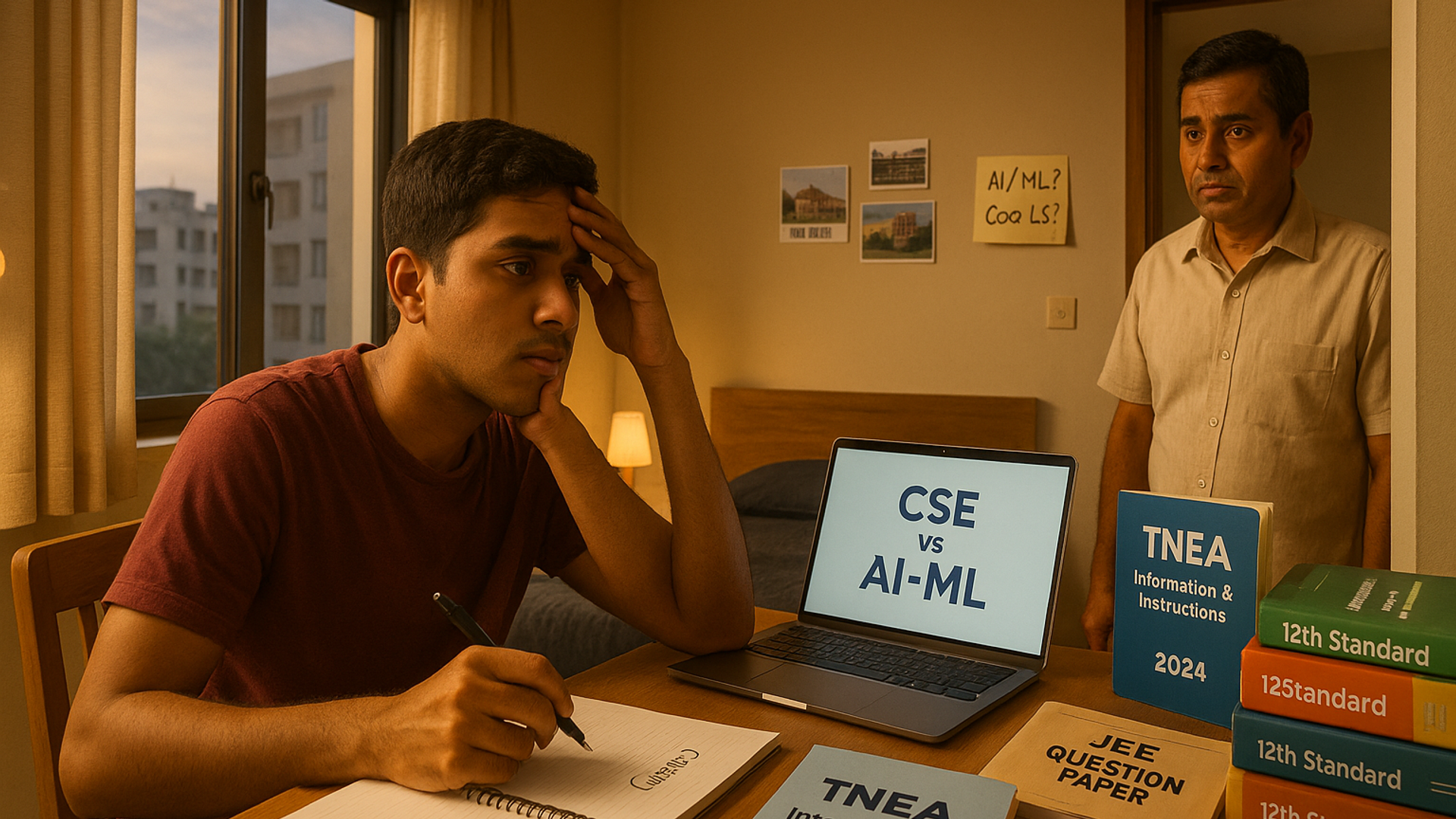Tamil Nadu Class 12 student confused between AI/ML and CSE while discussing engineering options with a parent at a study table.