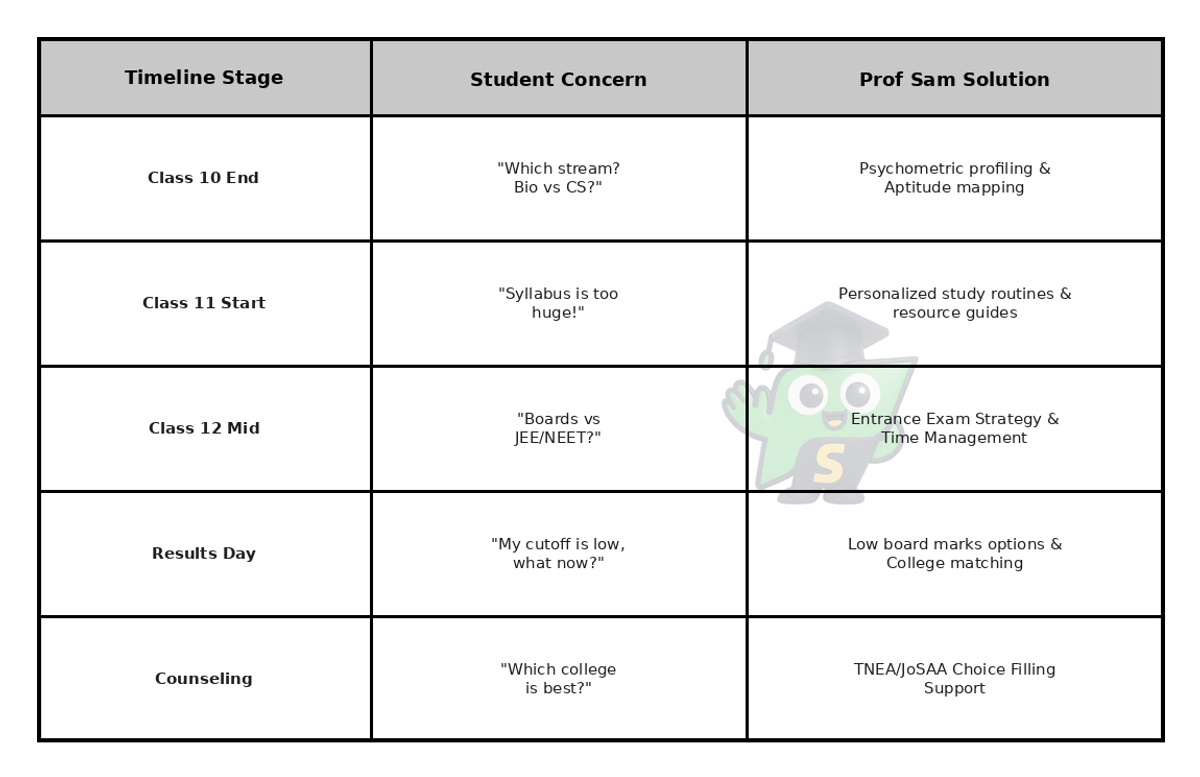  Timeline chart showing how Prof Sam helps students from Class 10 stream selection to final college admission.