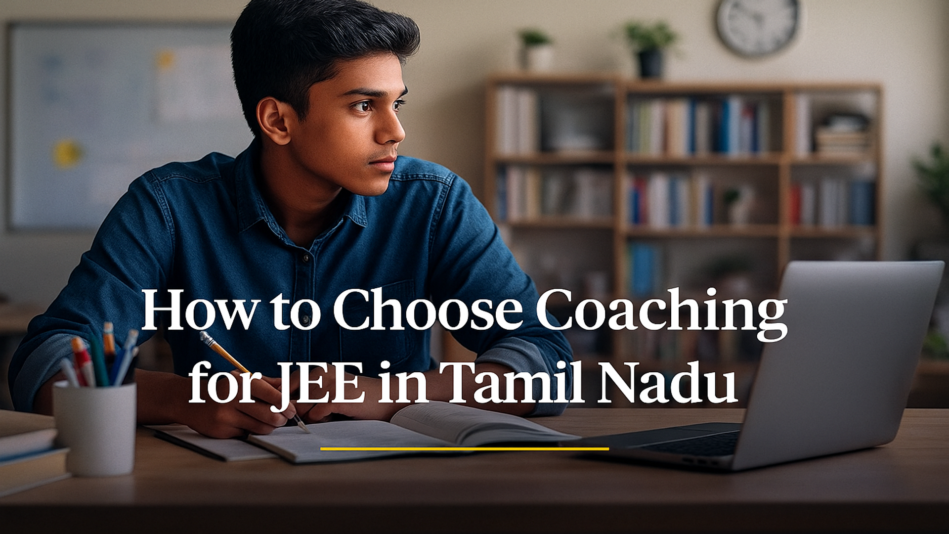 A student in a modern study room researching and deciding how to choose the best coaching institute for JEE preparation in Tamil Nadu, with study materials and a laptop on the desk.