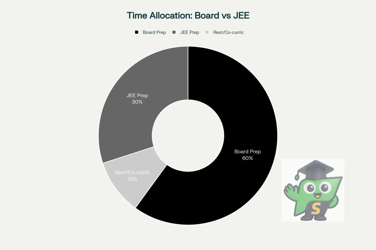 A donut chart illustrating typical study time allocation between board exam prep, JEE Main prep, and relaxation/co-curricular activities for Tamil Nadu engineering aspirants.