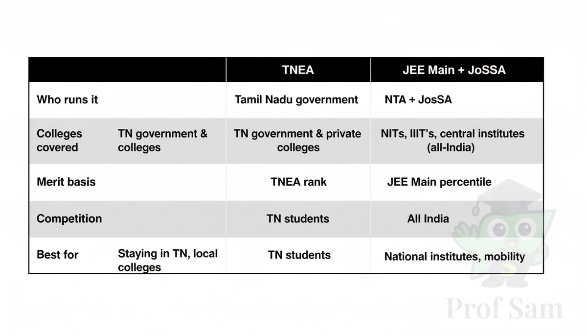 Comparison table of TNEA versus JEE Main routes for Tamil Nadu engineering admissions.