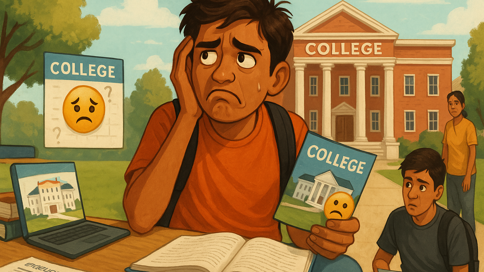 Tamil Nadu Class 12 student confused between engineering college options, TNEA sheet, and JEE Main scorecard at a study table.