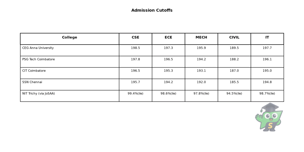 A comparison table showing the estimated closing cutoffs for five top engineering branches across leading Tamil Nadu colleges for TNEA 2025 and NIT Trichy percentile scores.