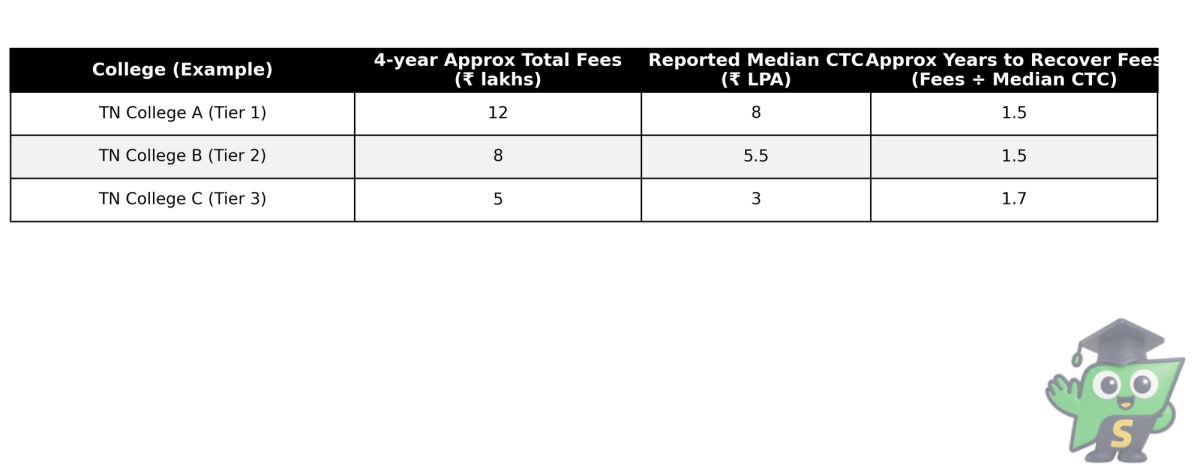 Black and white table comparing example Tamil Nadu engineering colleges on total fees, median salary and years needed to recover fees.