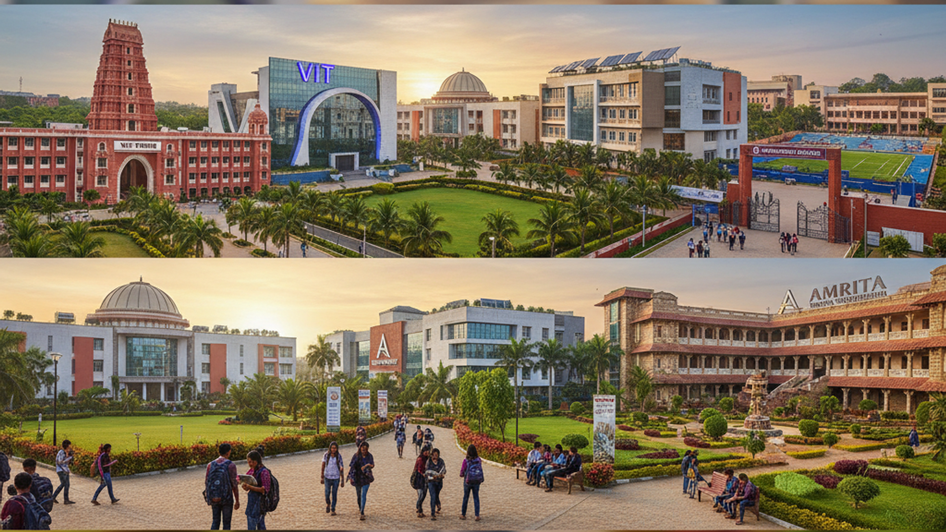 VIT Vellore and Amrita Vishwa Vidyapeetham campuses in Tamil Nadu, with students walking and lush green gardens, showcasing top private engineering colleges accepting JEE Main.