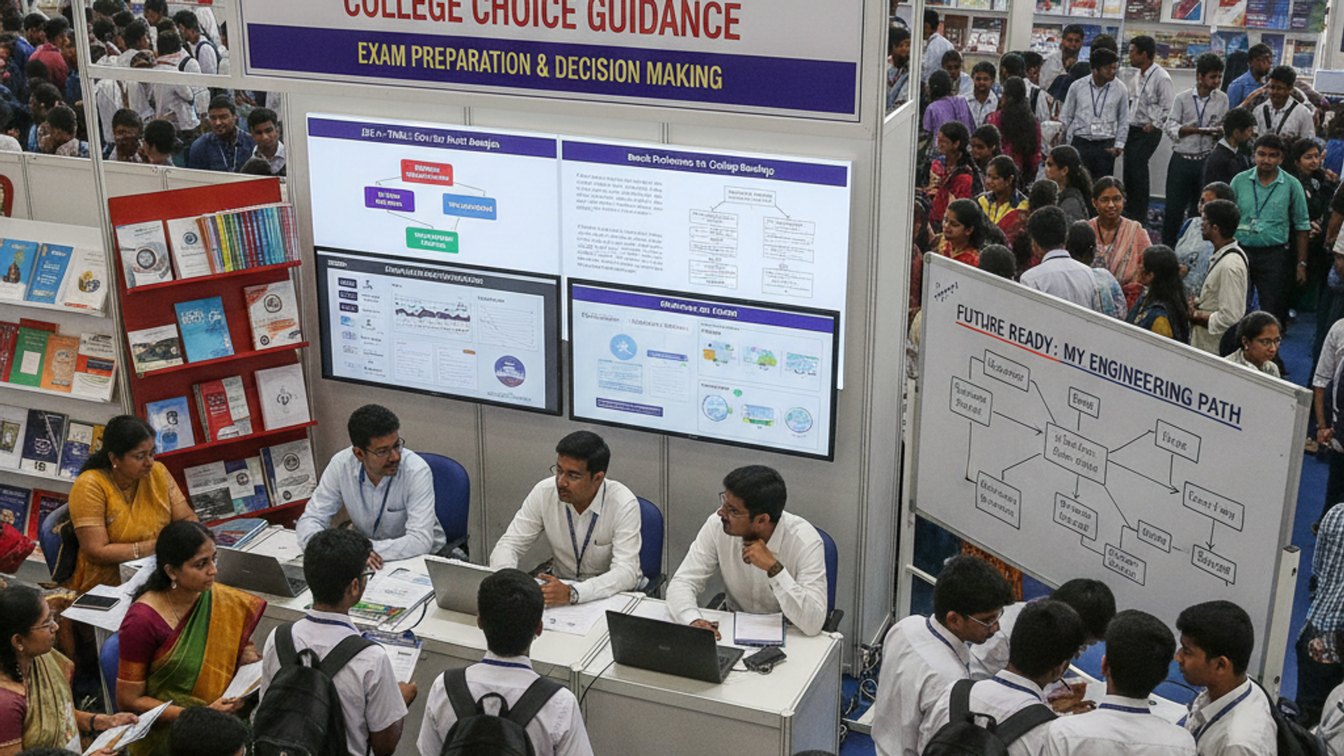 A crowded education fair booth offering college choice guidance for Tamil Nadu engineering aspirants, with students and parents seeking exam preparation and decision-making advice from counselors.