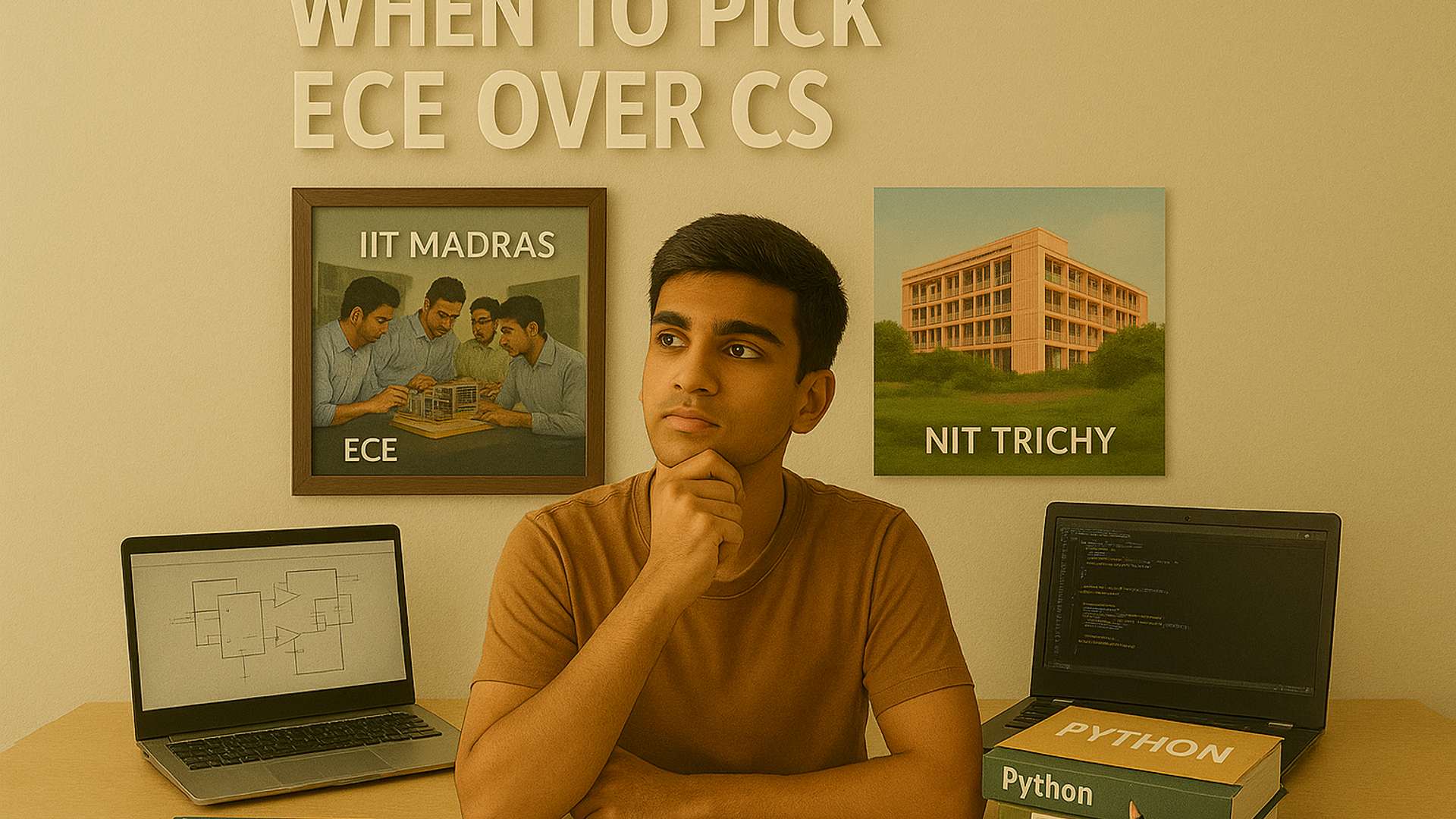 Tamil Nadu student thoughtfully comparing ECE and CS career options, with electronics and software materials visible, symbolizing the branch selection process.