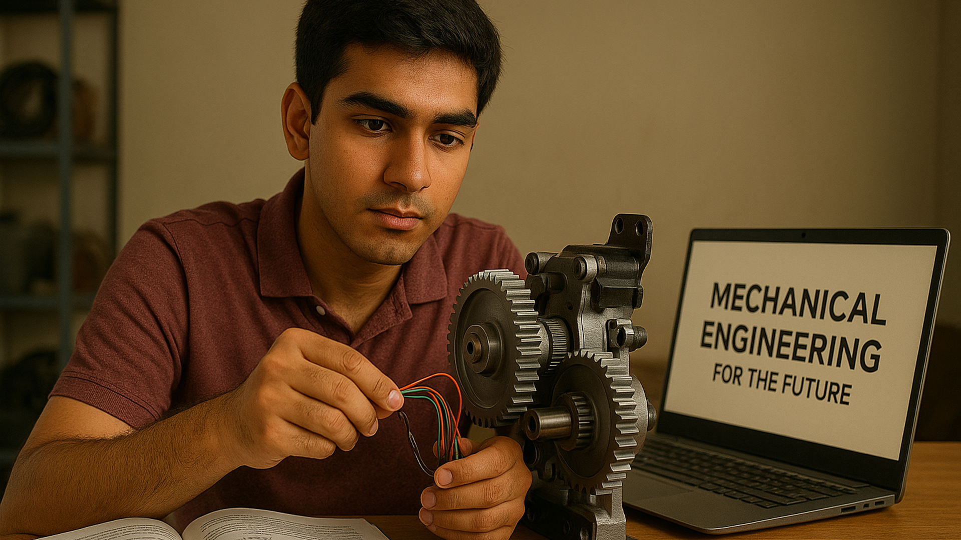 Tamil Nadu Class 12 student in a study room comparing mechanical engineering and CSE options with TNEA and JEE papers on the desk.