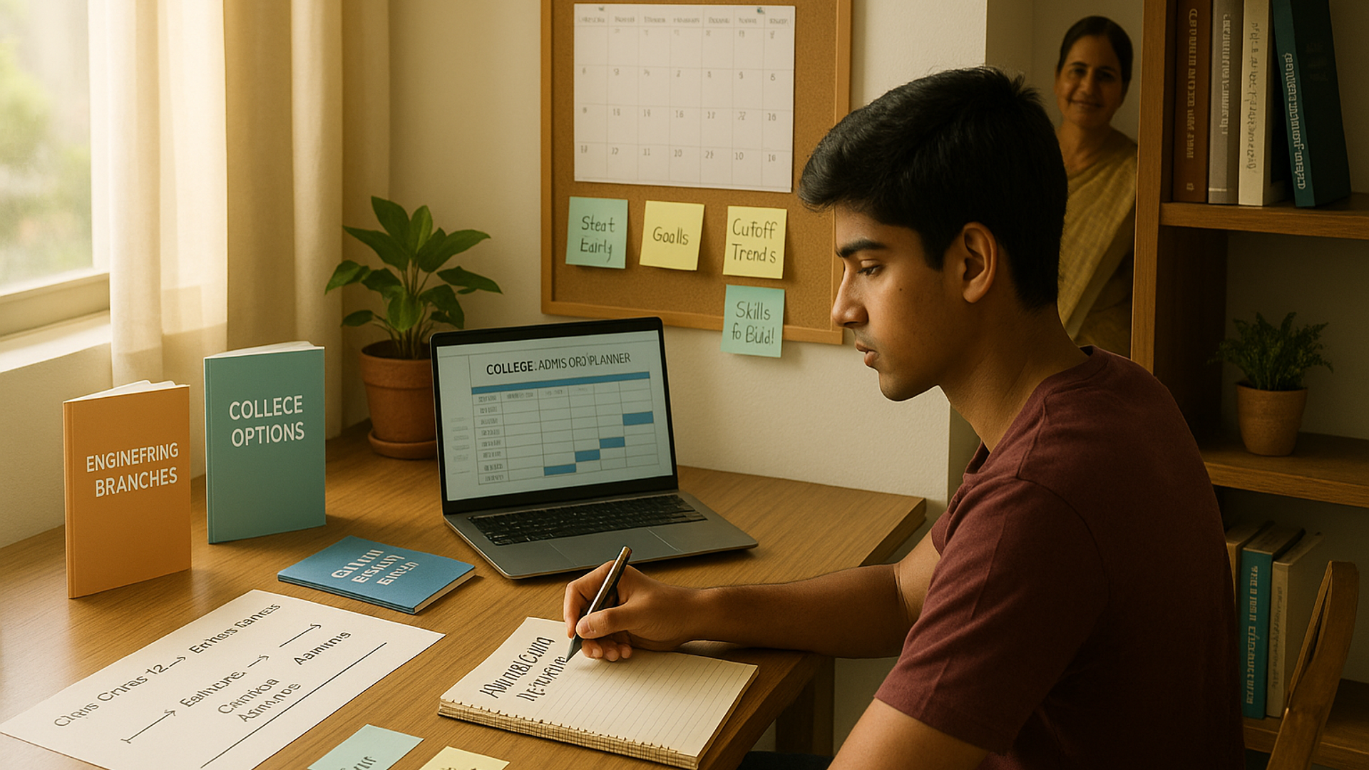 Tamil Nadu Class 12 student calmly planning engineering admissions with TNEA cutoffs, JEE Main papers, and college brochures on a study desk.