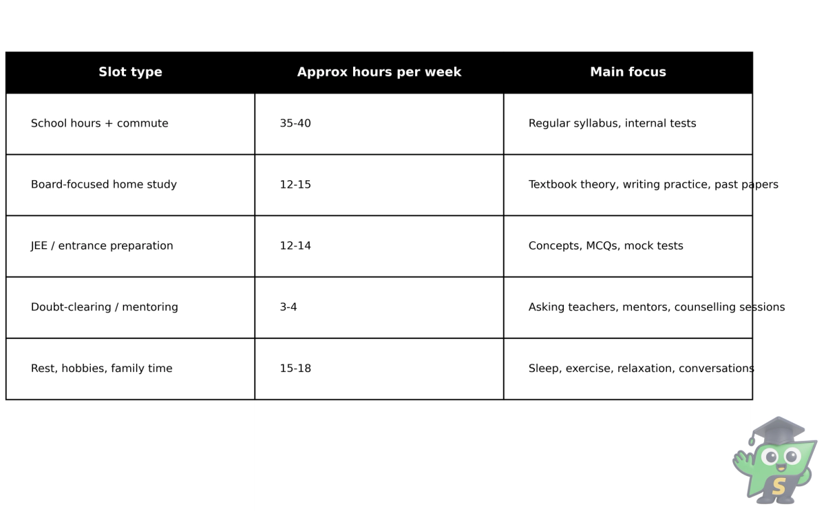 Black and white table showing a suggested weekly time split between school, board study, JEE preparation, mentoring, and rest for a Tamil Nadu Class 12 student.