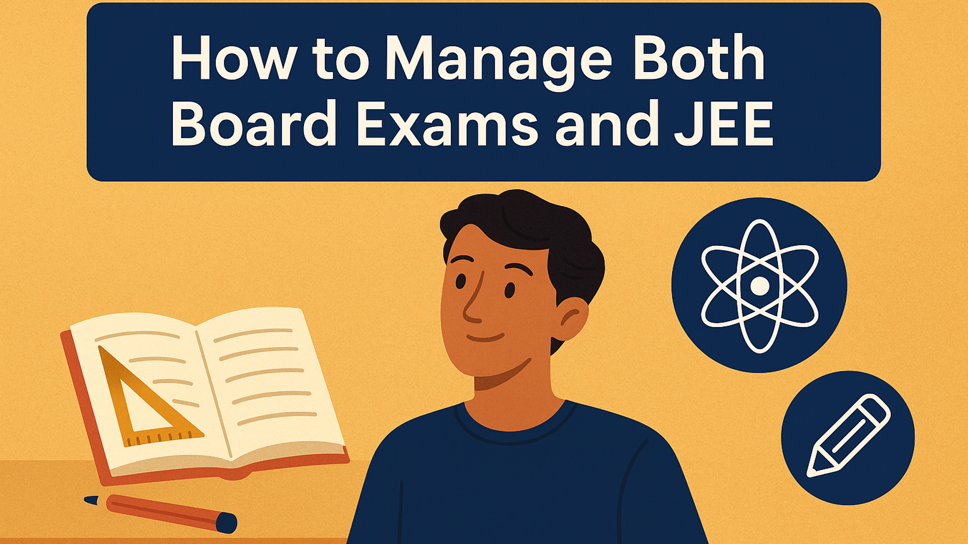 An illustration of a student sitting with a notebook, math tools, and science icons, representing strategies to balance and manage both board exam and JEE preparation.