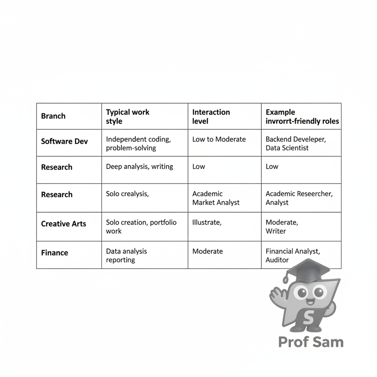 Black and white table comparing major engineering branches like CSE, ECE, Mechanical, Civil, and EEE on work style, interaction level, and introvert-friendly roles.