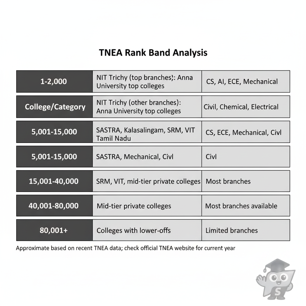 TNEA rank range guide showing which colleges and branches are typically available at different rank levels for Tamil Nadu engineering students