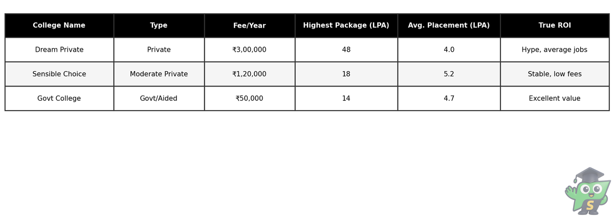 Black and white table comparing fees, placement figures, and ROI for three engineering colleges.